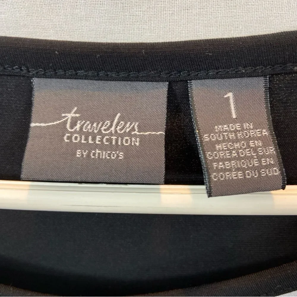 Chico’s‎ Traveler Brand Abstract 3/4 Sleeve Black and White Blouse Chicos Size 1